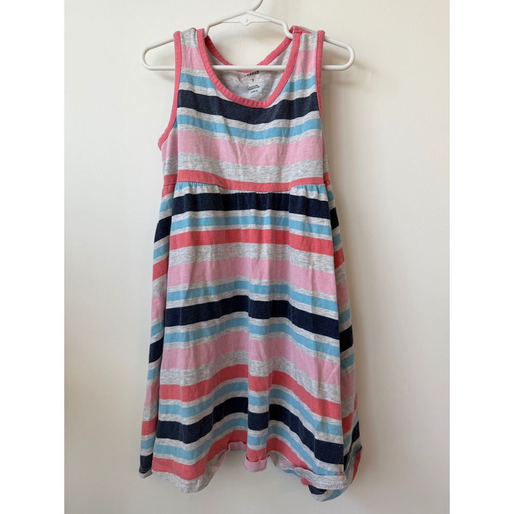Pekkle Girls Size 7 Striped Sleeveless Knit Dress Pink Blue Grey Casual Skater